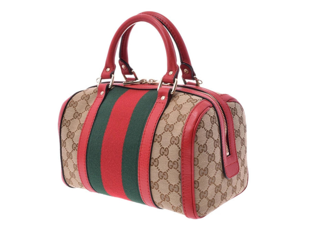 Gucci Red Strap Web Leather Boston Canvas Beige Bag Red Tan